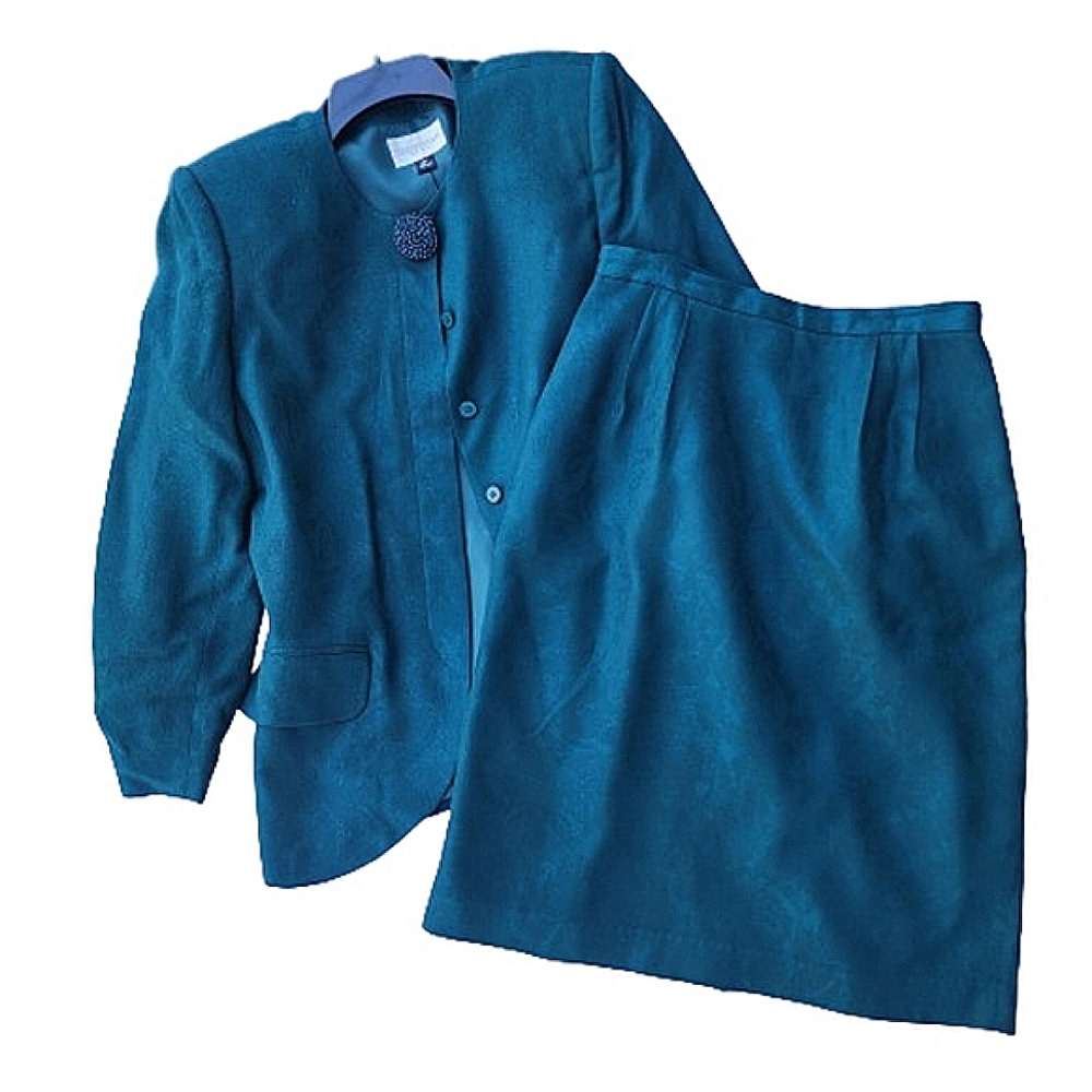 Womens 10P Modern Matriarch Vintage Rich Green Brocade Blazer Skirt Set